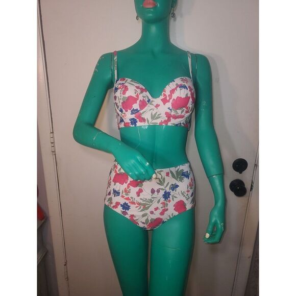 Shein White With Blue And Pink Floral Bikini 2 Piece Swimsuit Size S. - Picture 1 of 8